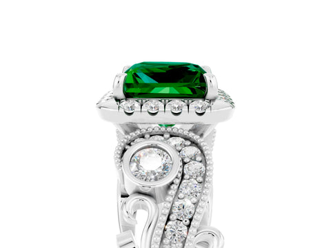 White gold Princess Cut Emerald Halo Ring with Milgrain Pavé Band and Four-Prong Setting_47