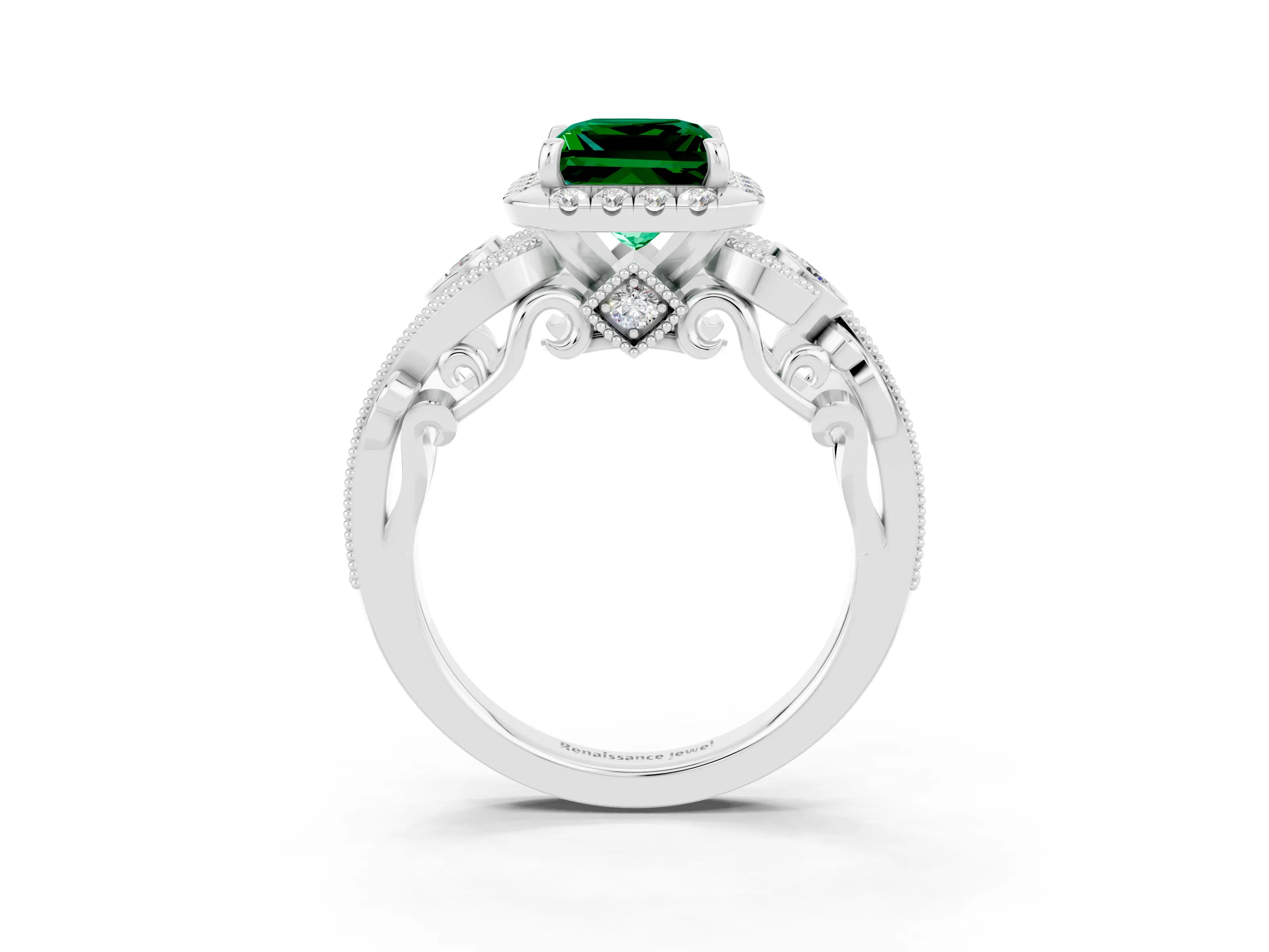 White gold Princess Cut Emerald Halo Ring with Milgrain Pavé Band and Four-Prong Setting_48