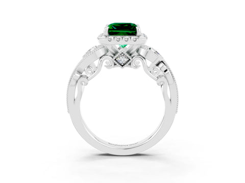 White gold Princess Cut Emerald Halo Ring with Milgrain Pavé Band and Four-Prong Setting_48