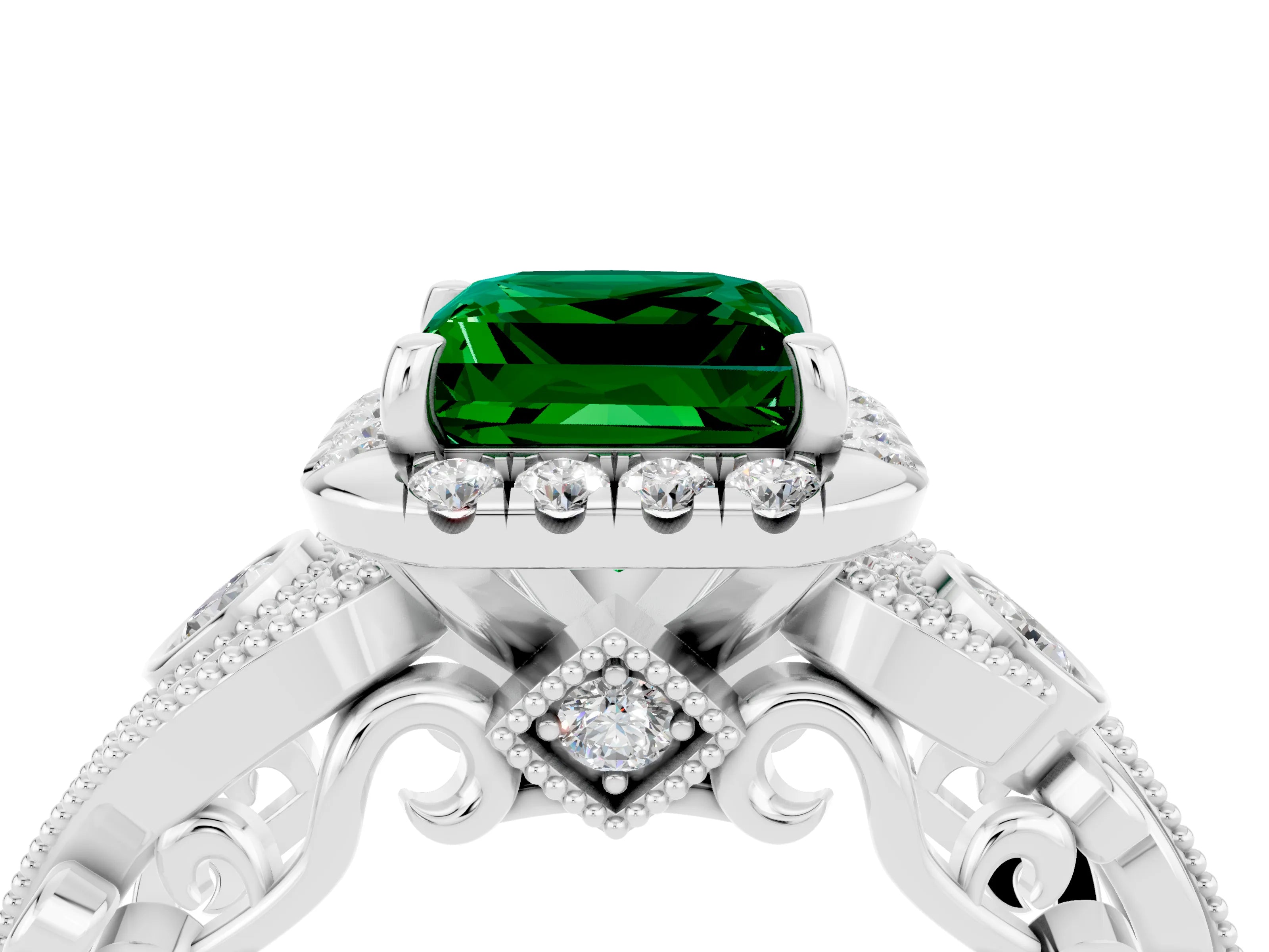 White gold Princess Cut Emerald Halo Ring with Milgrain Pavé Band and Four-Prong Setting_49