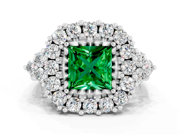 Platinum Princess Cut Emerald Halo Ring with Pavé Band and Four-Prong Setting