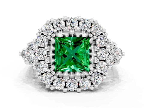 White gold Princess Cut Emerald Halo Ring with Pavé Band and Four-Prong Setting_12