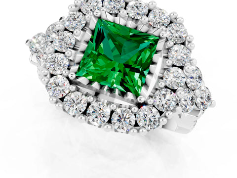 White gold Princess Cut Emerald Halo Ring with Pavé Band and Four-Prong Setting_13