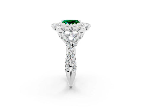 White gold Princess Cut Emerald Halo Ring with Pavé Band and Four-Prong Setting_14