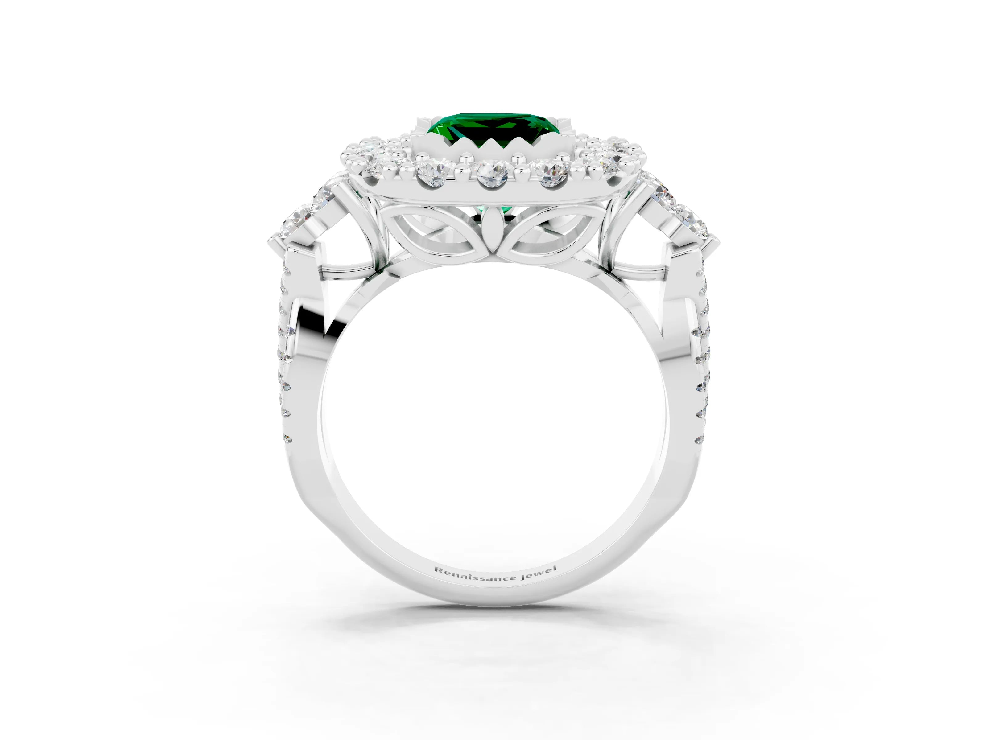 White gold Princess Cut Emerald Halo Ring with Pavé Band and Four-Prong Setting_15