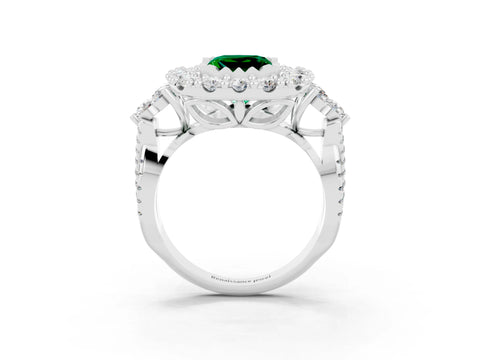 White gold Princess Cut Emerald Halo Ring with Pavé Band and Four-Prong Setting_15