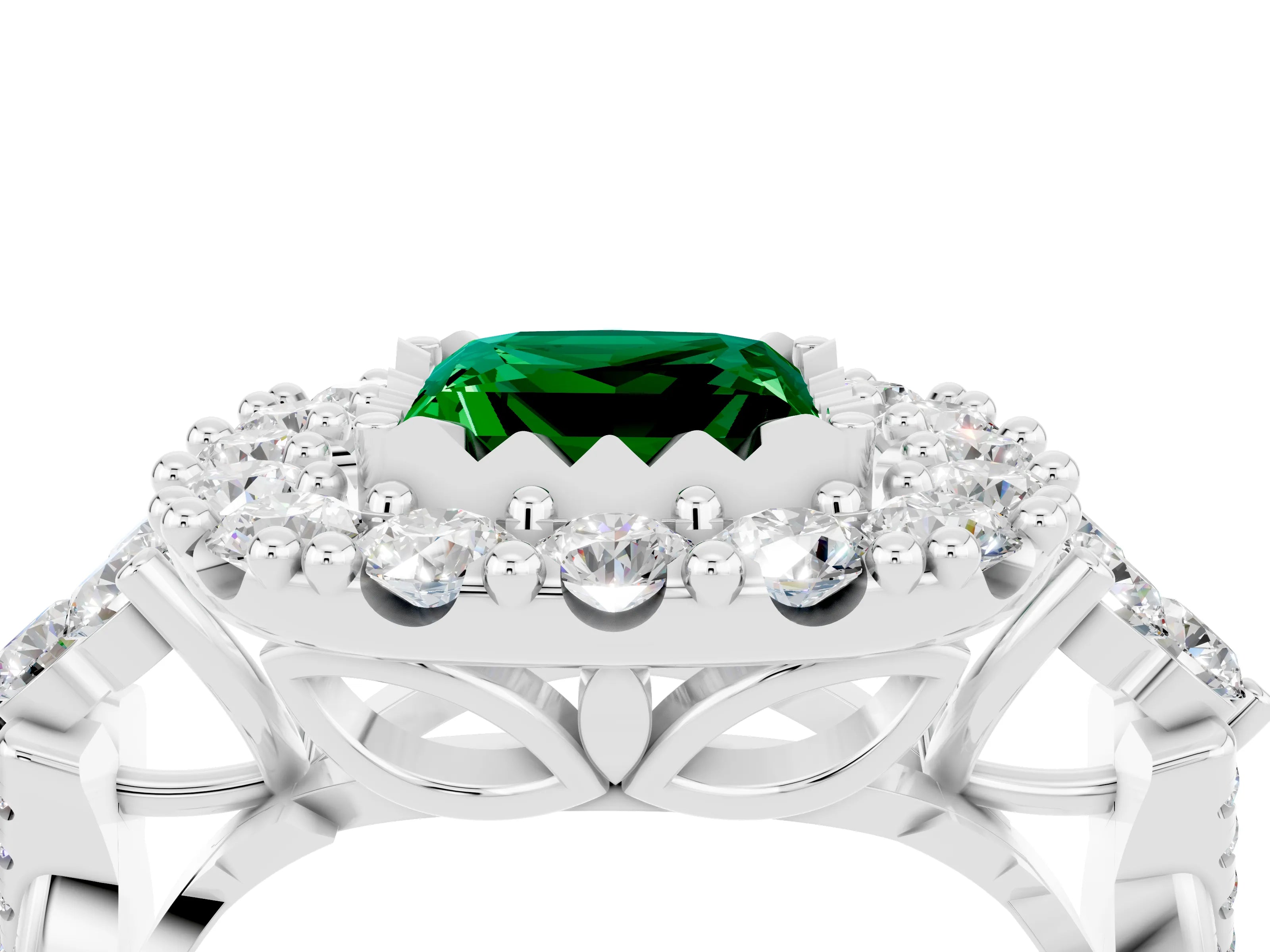 White gold Princess Cut Emerald Halo Ring with Pavé Band and Four-Prong Setting_16