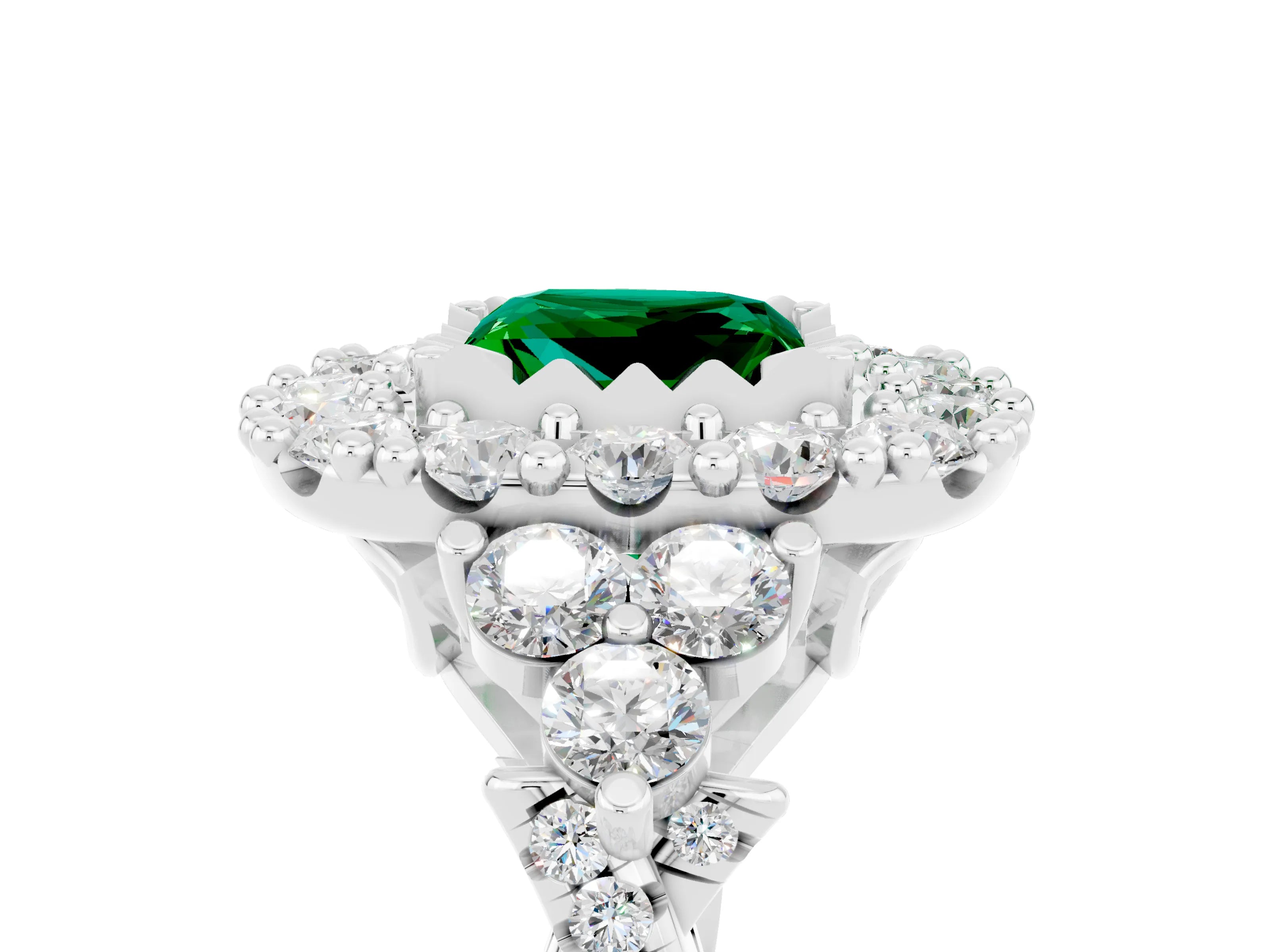 White gold Princess Cut Emerald Halo Ring with Pavé Band and Four-Prong Setting_17