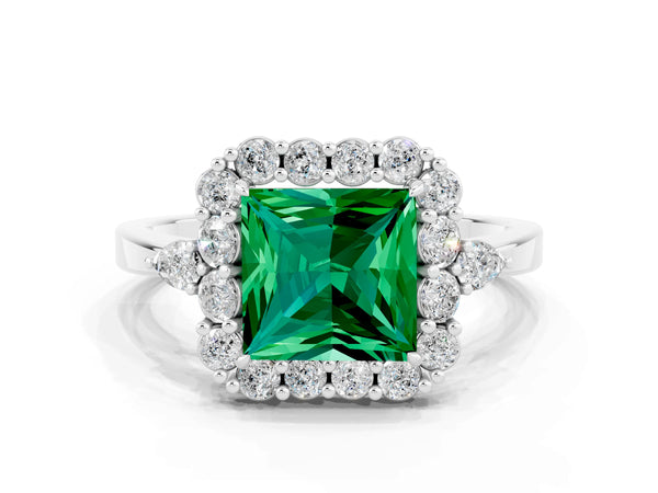 Silver Princess Cut Emerald Halo Ring with Pear Side Stones and Prong Setting