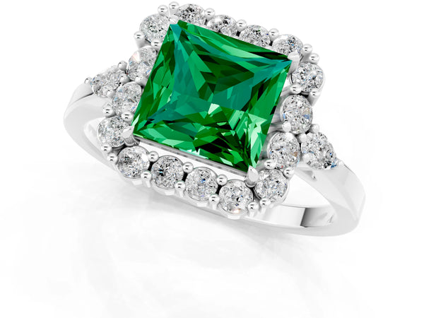 Platinum Princess Cut Emerald Halo Ring with Pear Side Stones and Prong Setting