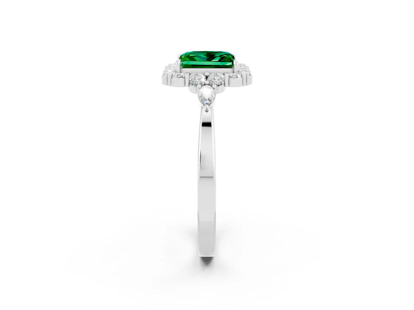 Platinum Princess Cut Emerald Halo Ring with Pear Side Stones and Prong Setting