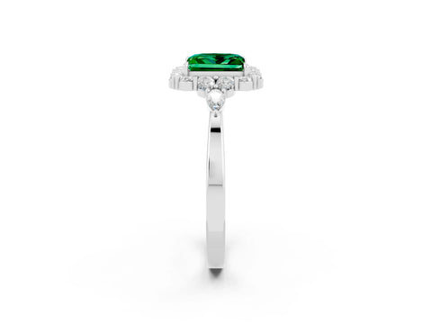 White gold Princess Cut Emerald Halo Ring with Pear Side Stones and Prong Setting_26