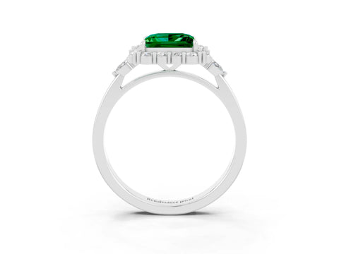 White gold Princess Cut Emerald Halo Ring with Pear Side Stones and Prong Setting_27