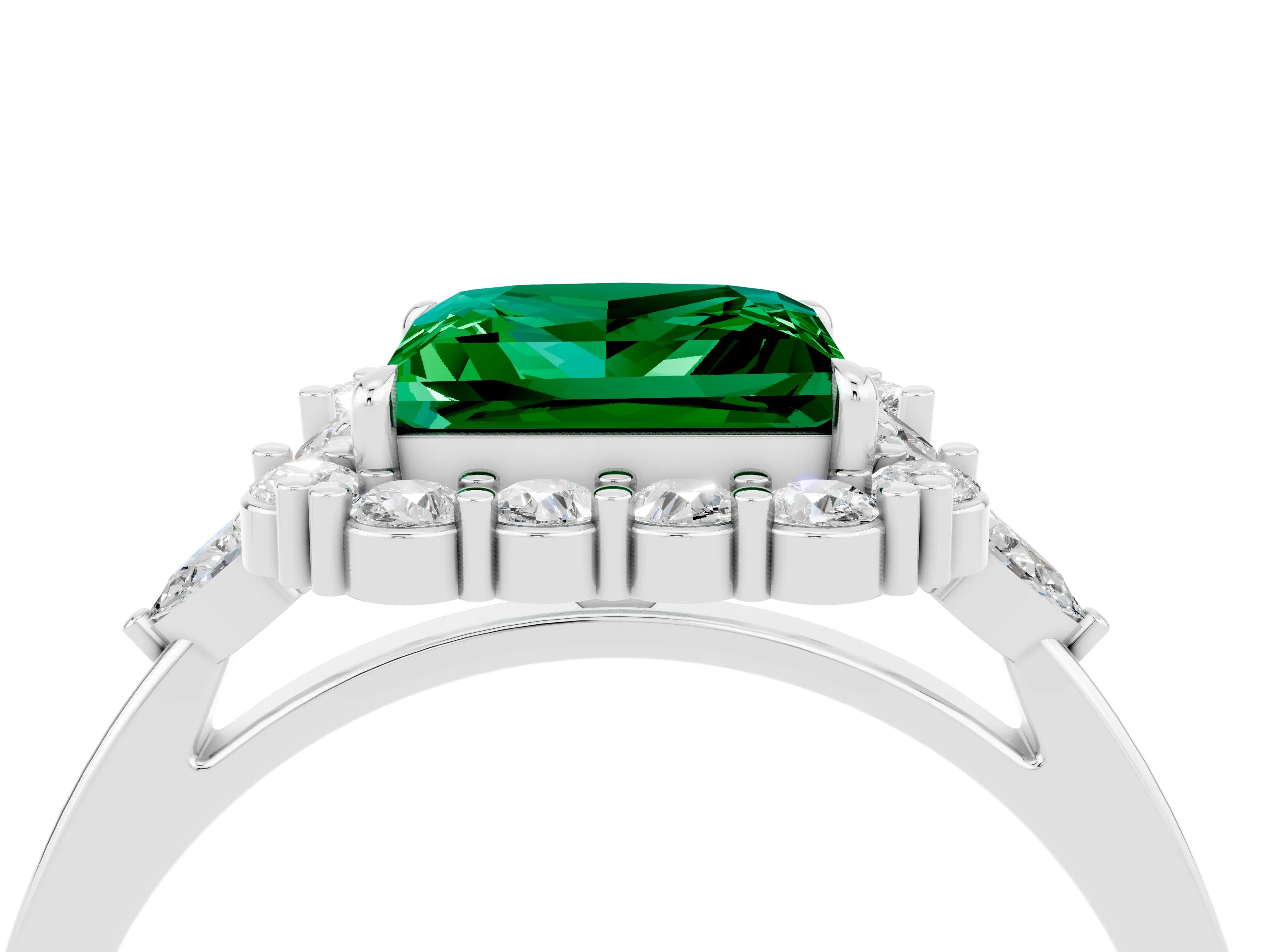 White gold Princess Cut Emerald Halo Ring with Pear Side Stones and Prong Setting_28