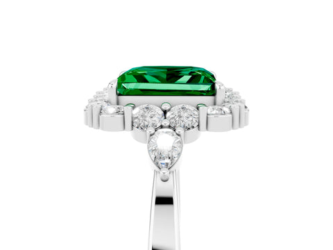 White gold Princess Cut Emerald Halo Ring with Pear Side Stones and Prong Setting_29