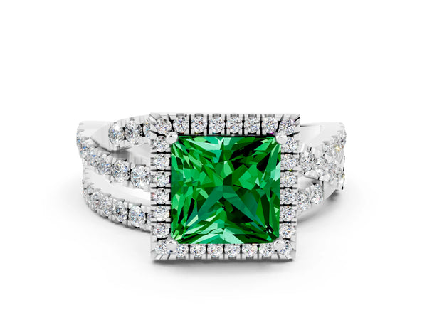 Platinum Princess Cut Emerald Halo Ring with Round Split Shank and Prong Setting