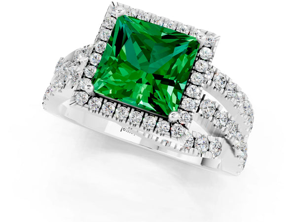 Platinum Princess Cut Emerald Halo Ring with Round Split Shank and Prong Setting