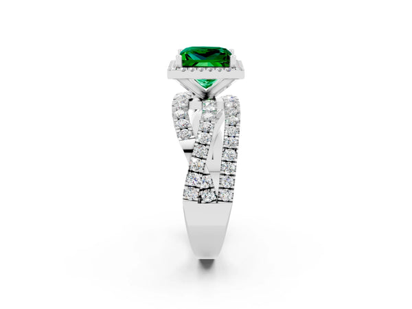 Platinum Princess Cut Emerald Halo Ring with Round Split Shank and Prong Setting