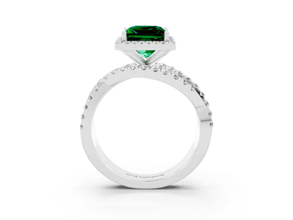 Platinum Princess Cut Emerald Halo Ring with Round Split Shank and Prong Setting
