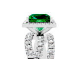 White gold Princess Cut Emerald Halo Ring with Round Split Shank and Prong Setting_65