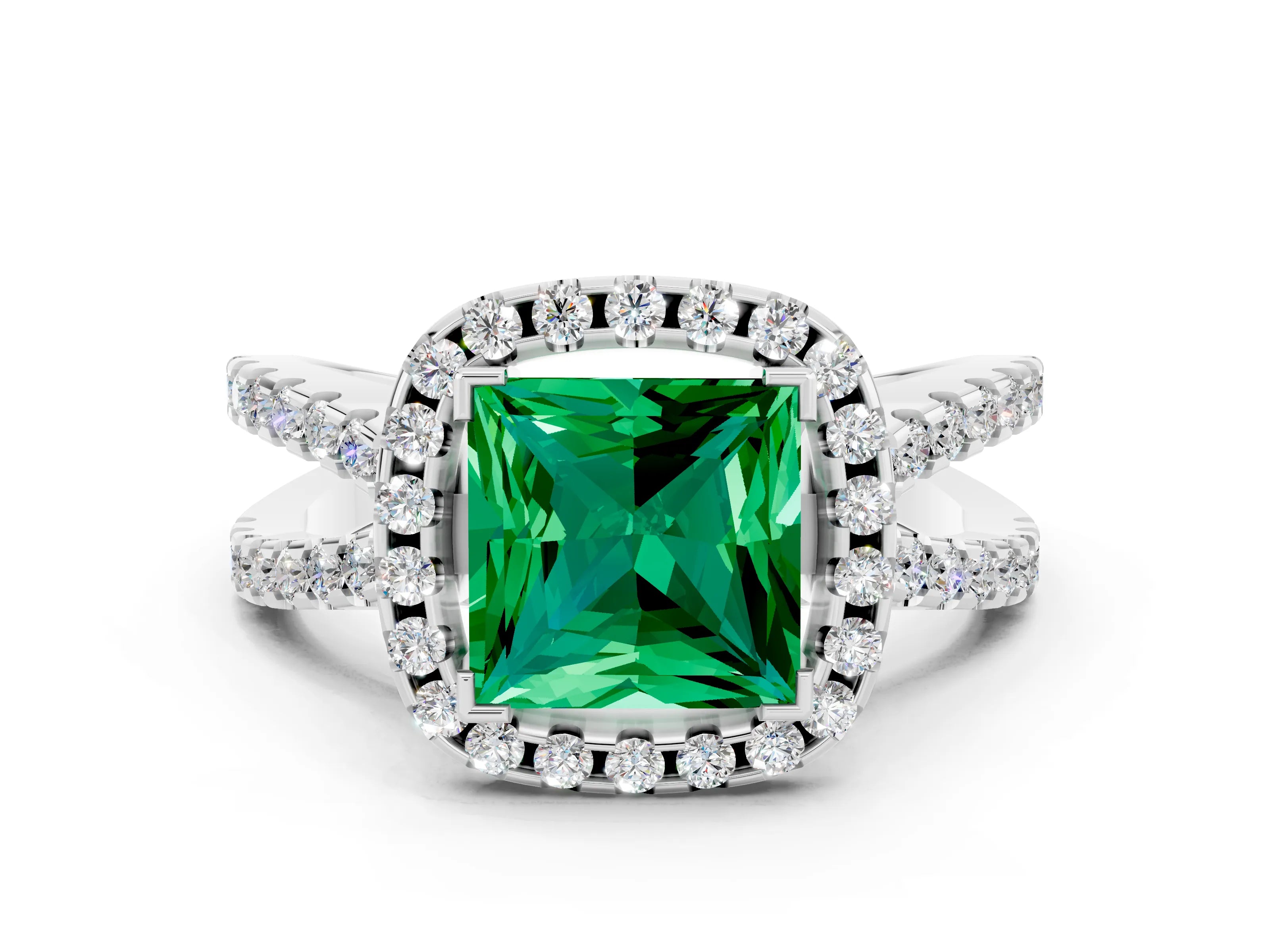 White gold Princess Cut Emerald Halo Ring with Split Shank Pavé Band and Prong Setting