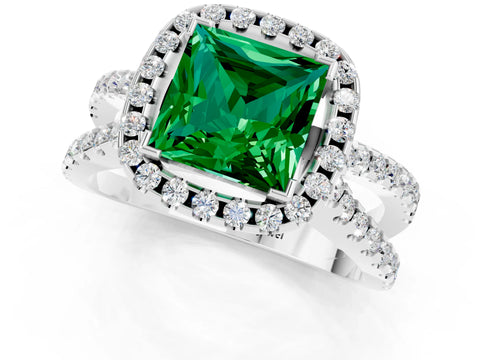 White gold Princess Cut Emerald Halo Ring with Split Shank Pavé Band and Prong Setting_1