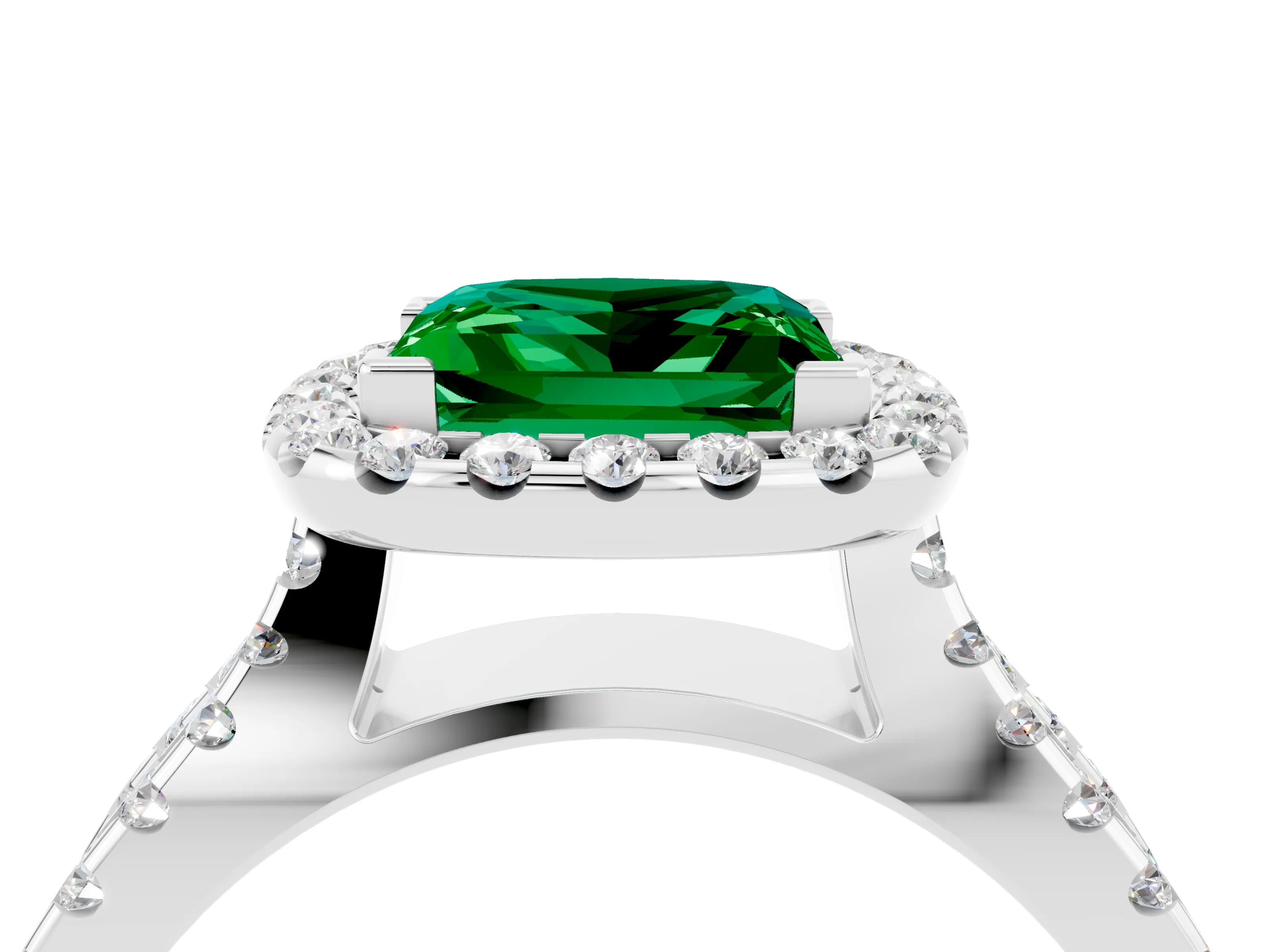 White gold Princess Cut Emerald Halo Ring with Split Shank Pavé Band and Prong Setting_4