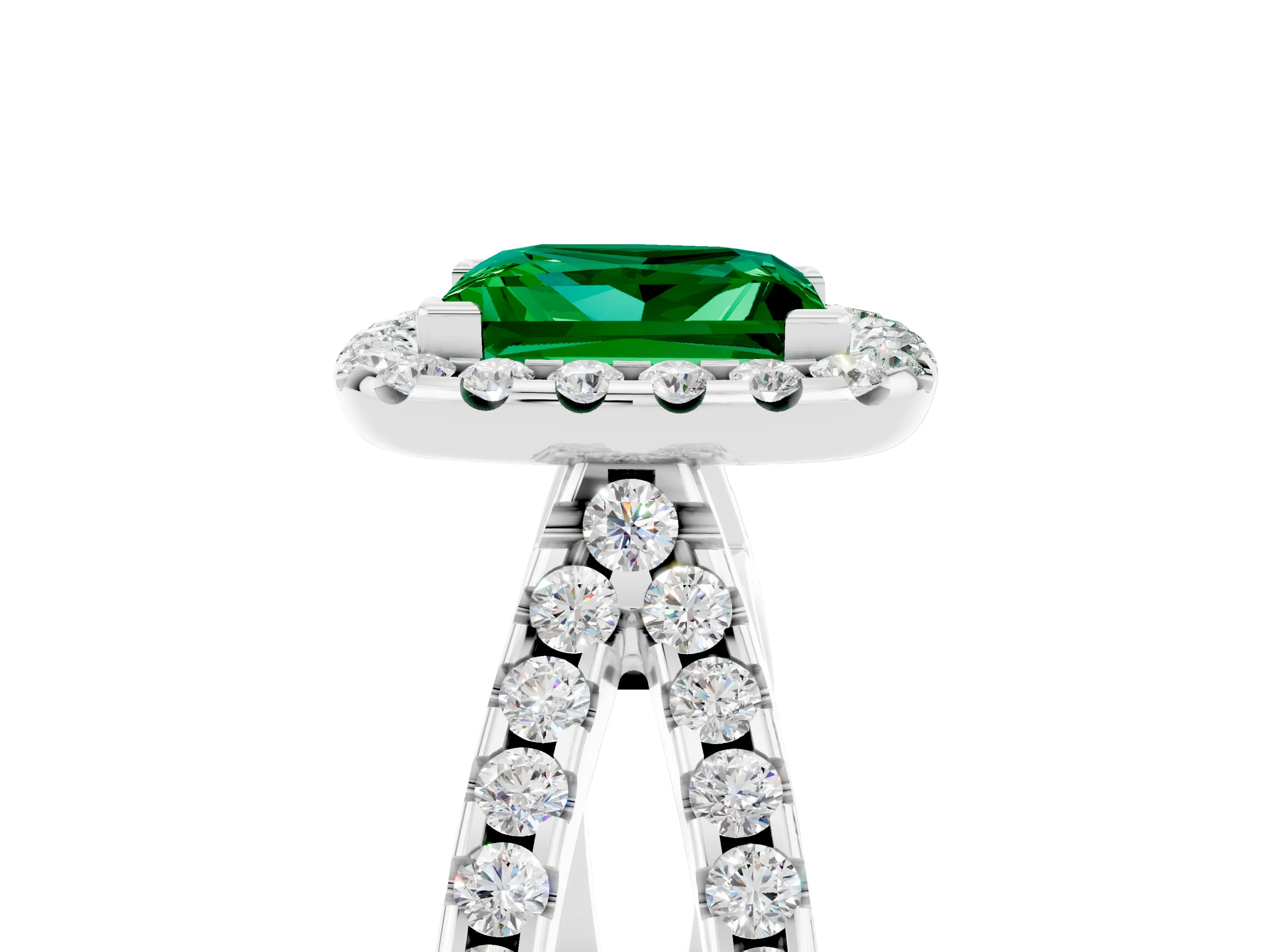 White gold Princess Cut Emerald Halo Ring with Split Shank Pavé Band and Prong Setting_5