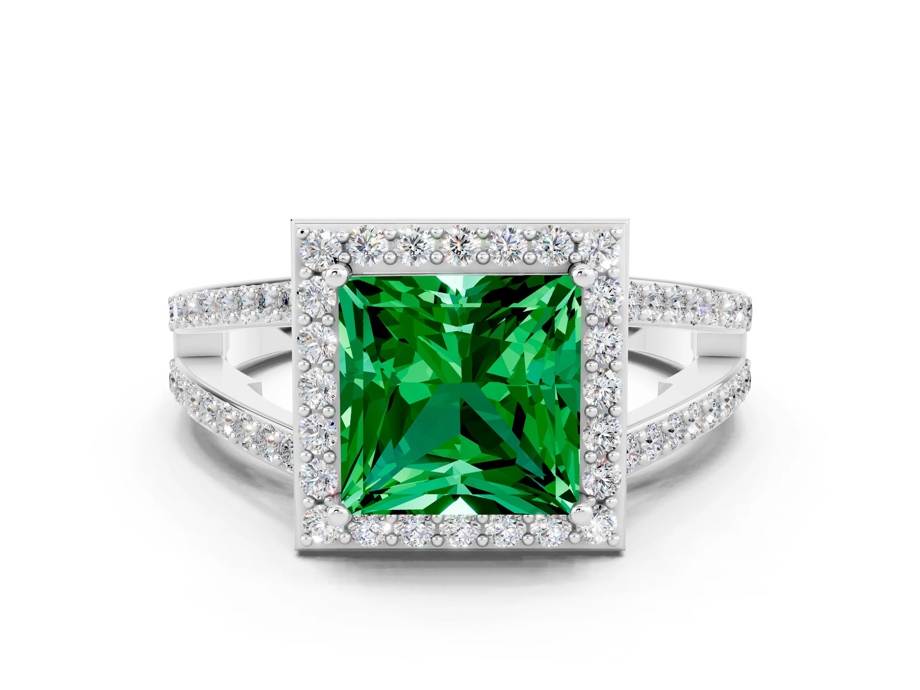 White gold Princess Cut Emerald Halo Ring with Split Shank U-Prong Band and Four-Prong Setting