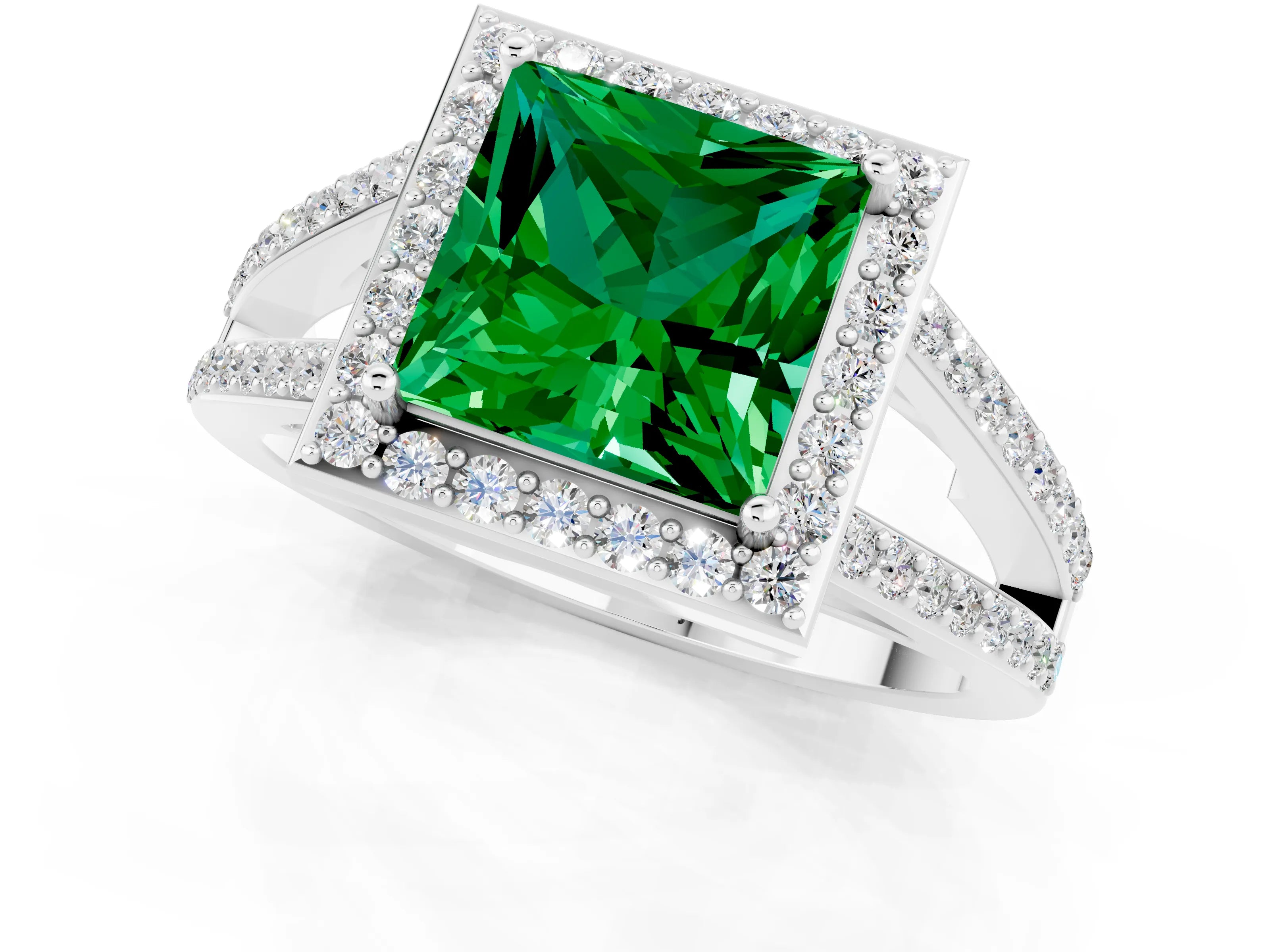 White gold Princess Cut Emerald Halo Ring with Split Shank U-Prong Band and Four-Prong Setting_1