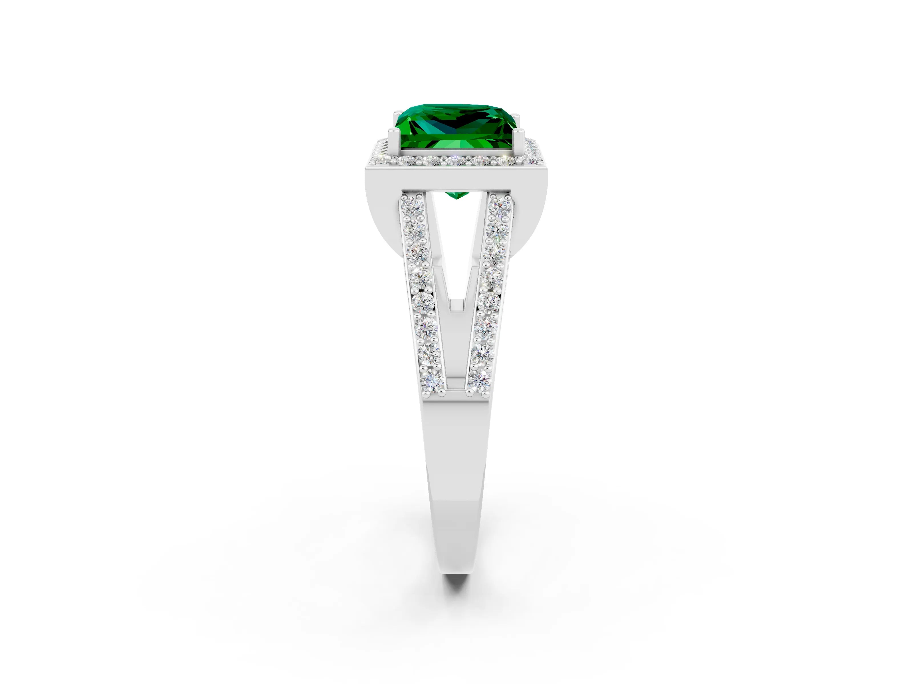 White gold Princess Cut Emerald Halo Ring with Split Shank U-Prong Band and Four-Prong Setting_2