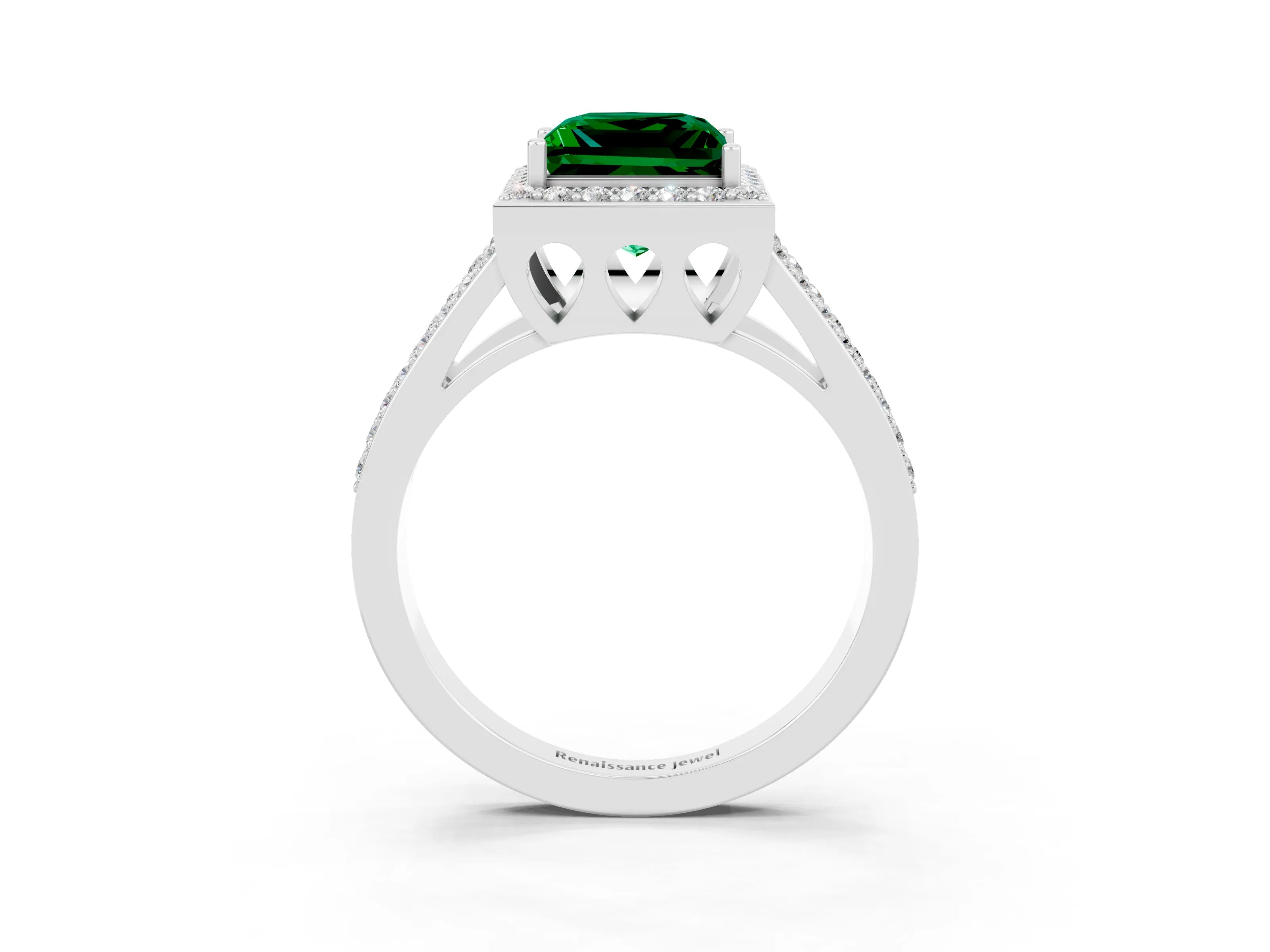 White gold Princess Cut Emerald Halo Ring with Split Shank U-Prong Band and Four-Prong Setting_3