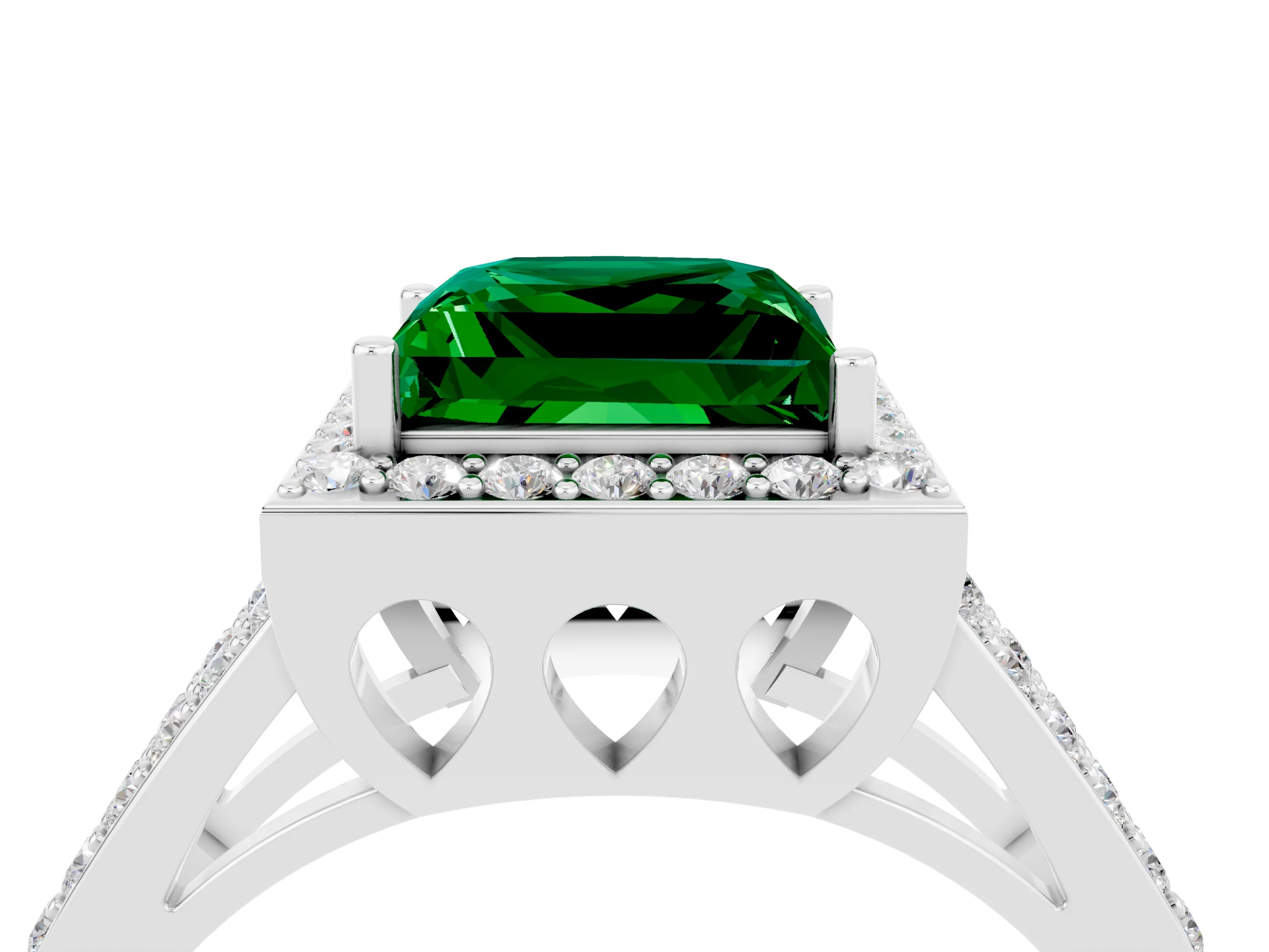 White gold Princess Cut Emerald Halo Ring with Split Shank U-Prong Band and Four-Prong Setting_4