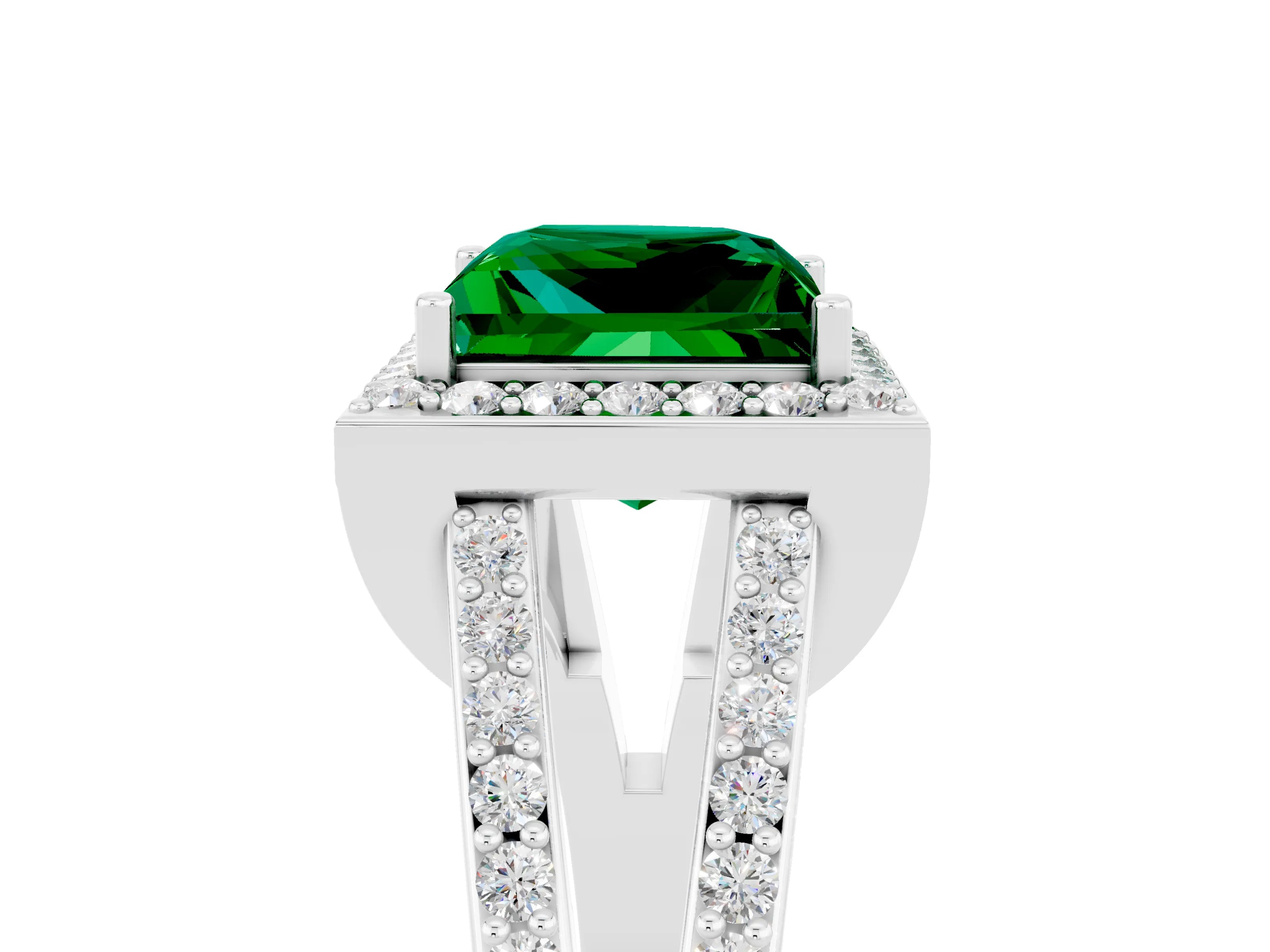 White gold Princess Cut Emerald Halo Ring with Split Shank U-Prong Band and Four-Prong Setting_5