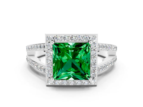 White gold Princess Cut Emerald Halo Ring with Split Shank U-Prong Band and Four-Prong Setting
