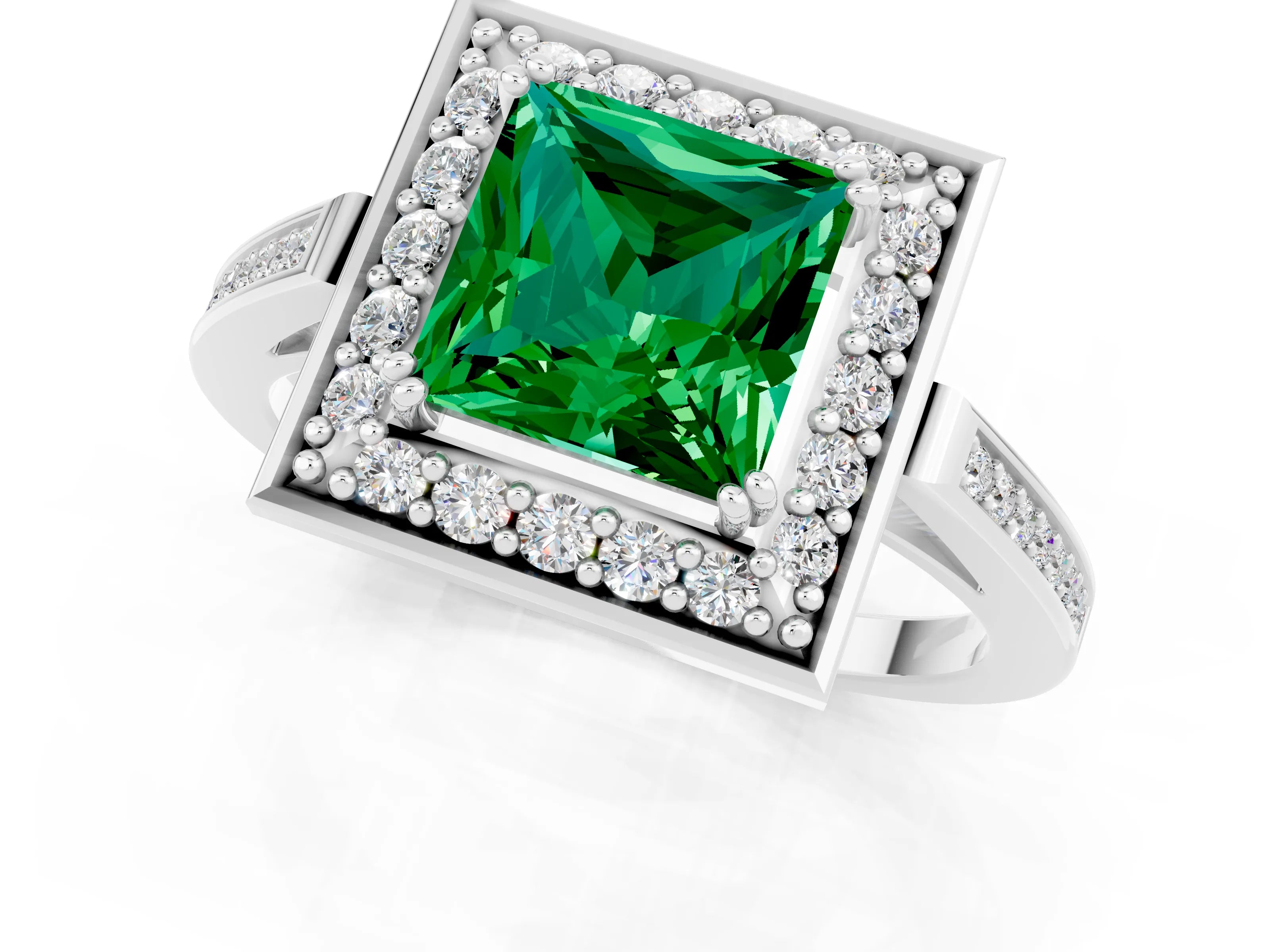 White gold Princess Cut Emerald Halo Ring with Split Shank and Four-Prong Setting_13