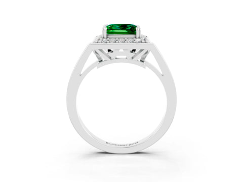 White gold Princess Cut Emerald Halo Ring with Split Shank and Four-Prong Setting_15