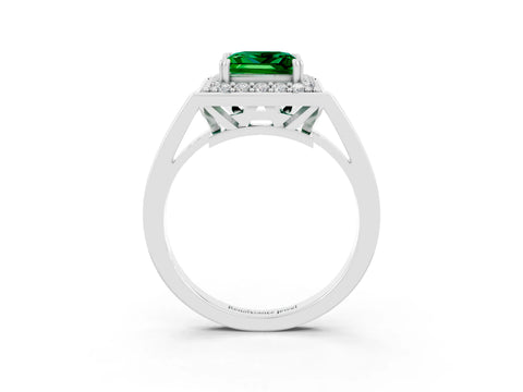 White gold Princess Cut Emerald Halo Ring with Split Shank and Four-Prong Setting_15