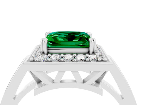 White gold Princess Cut Emerald Halo Ring with Split Shank and Four-Prong Setting_16