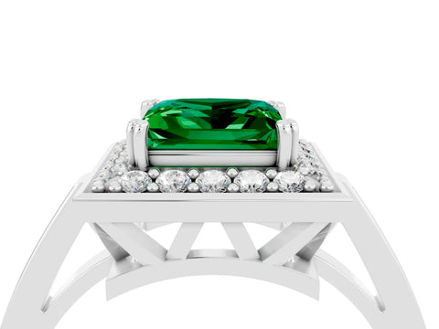 White gold Princess Cut Emerald Halo Ring with Split Shank and Four-Prong Setting_16