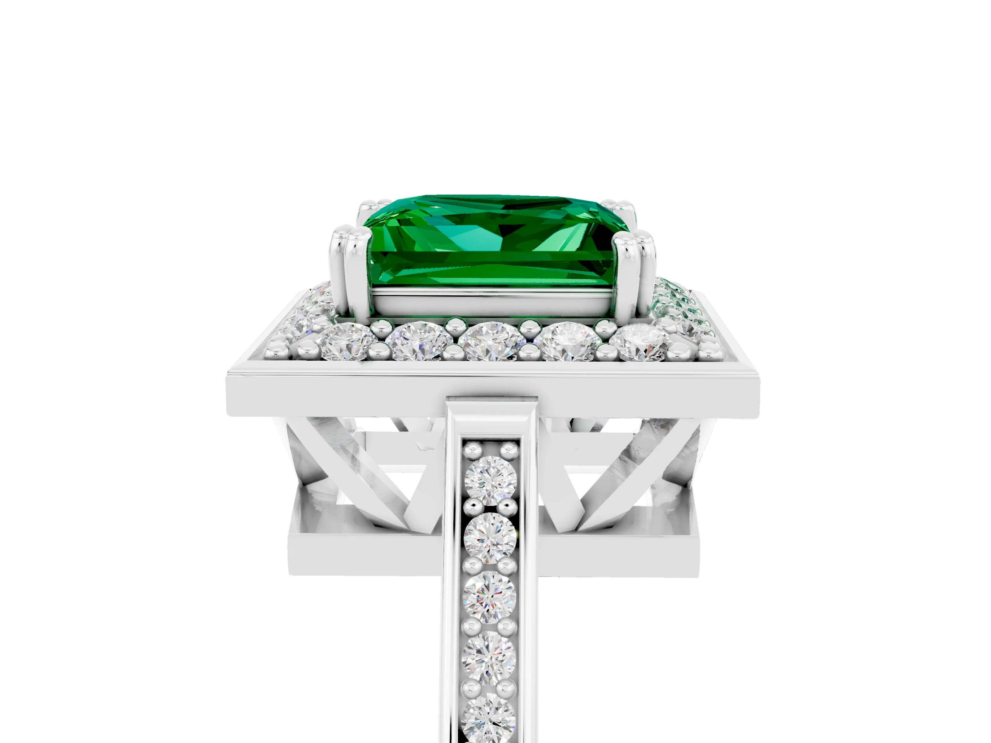 White gold Princess Cut Emerald Halo Ring with Split Shank and Four-Prong Setting_17