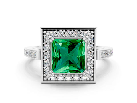 White gold Princess Cut Emerald Halo Ring with Split Shank and Four-Prong Setting_20