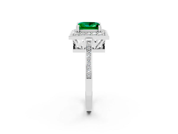 White gold Princess Cut Emerald Halo Ring with Split Shank and Four-Prong Setting