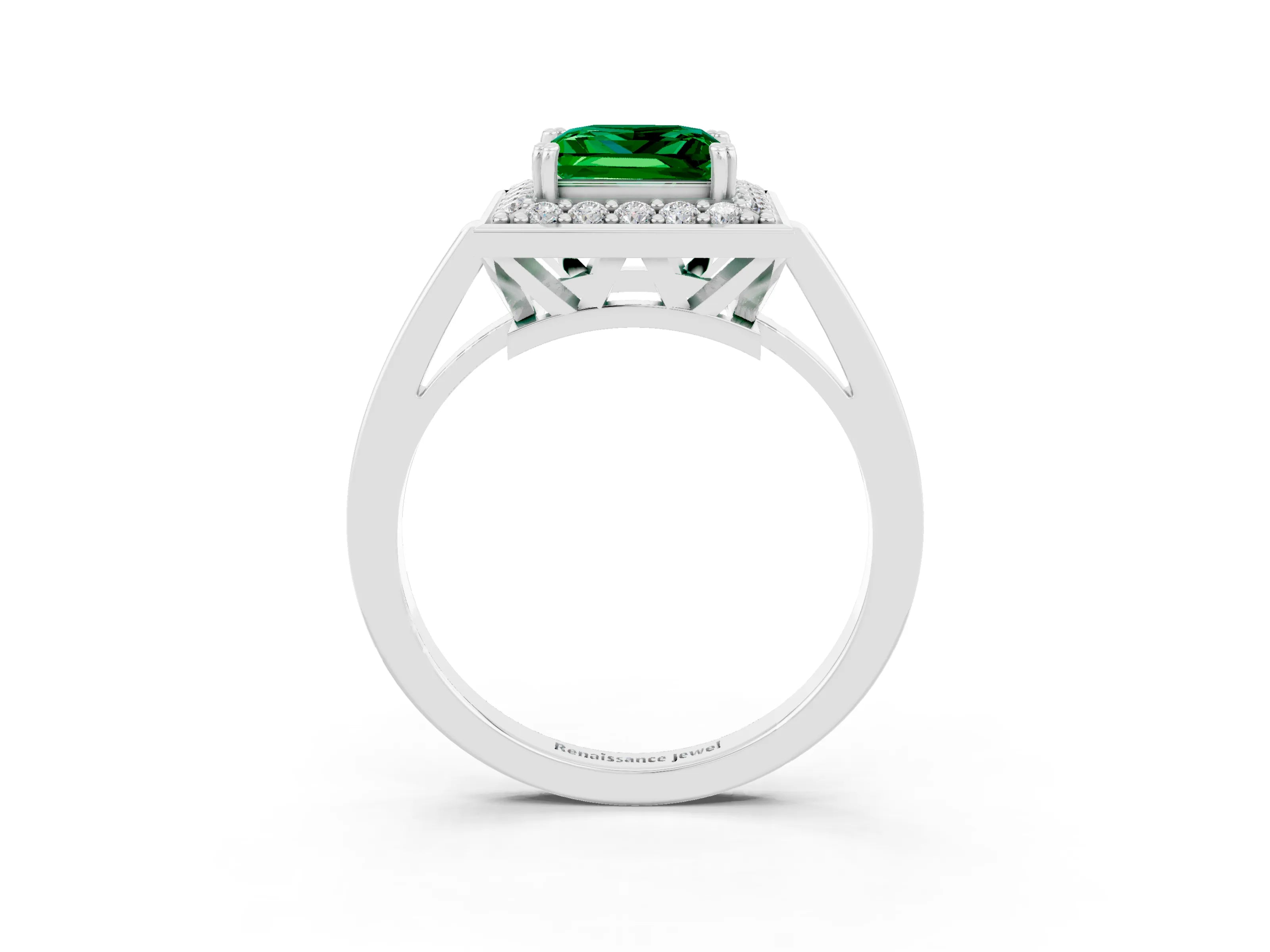 White gold Princess Cut Emerald Halo Ring with Split Shank and Four-Prong Setting_23