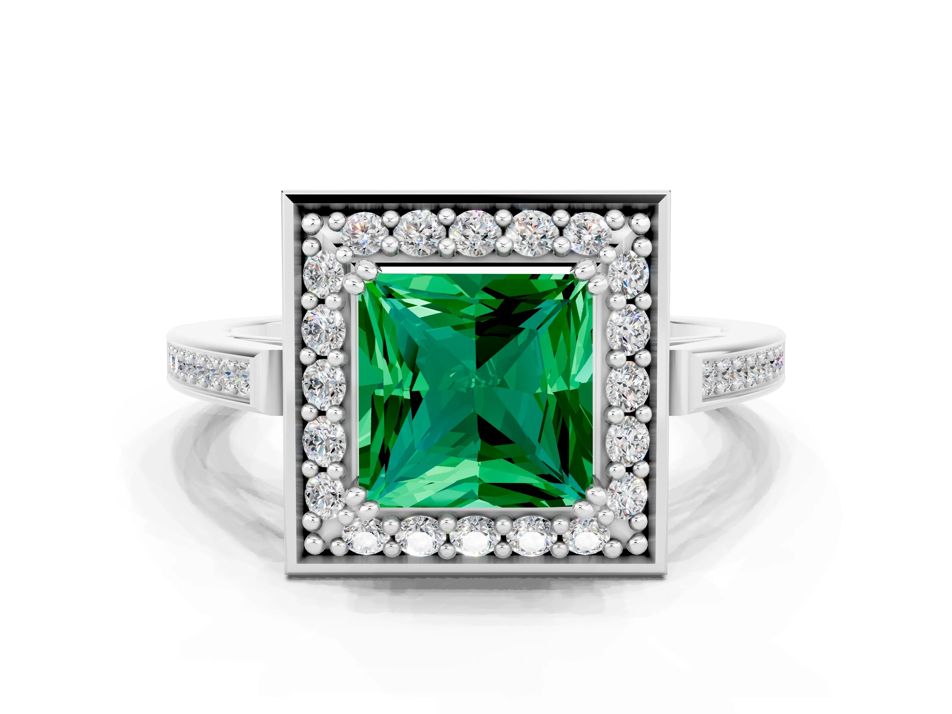 White gold Princess Cut Emerald Halo Ring with Split Shank and Four-Prong Setting_24