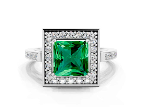 White gold Princess Cut Emerald Halo Ring with Split Shank and Four-Prong Setting_24
