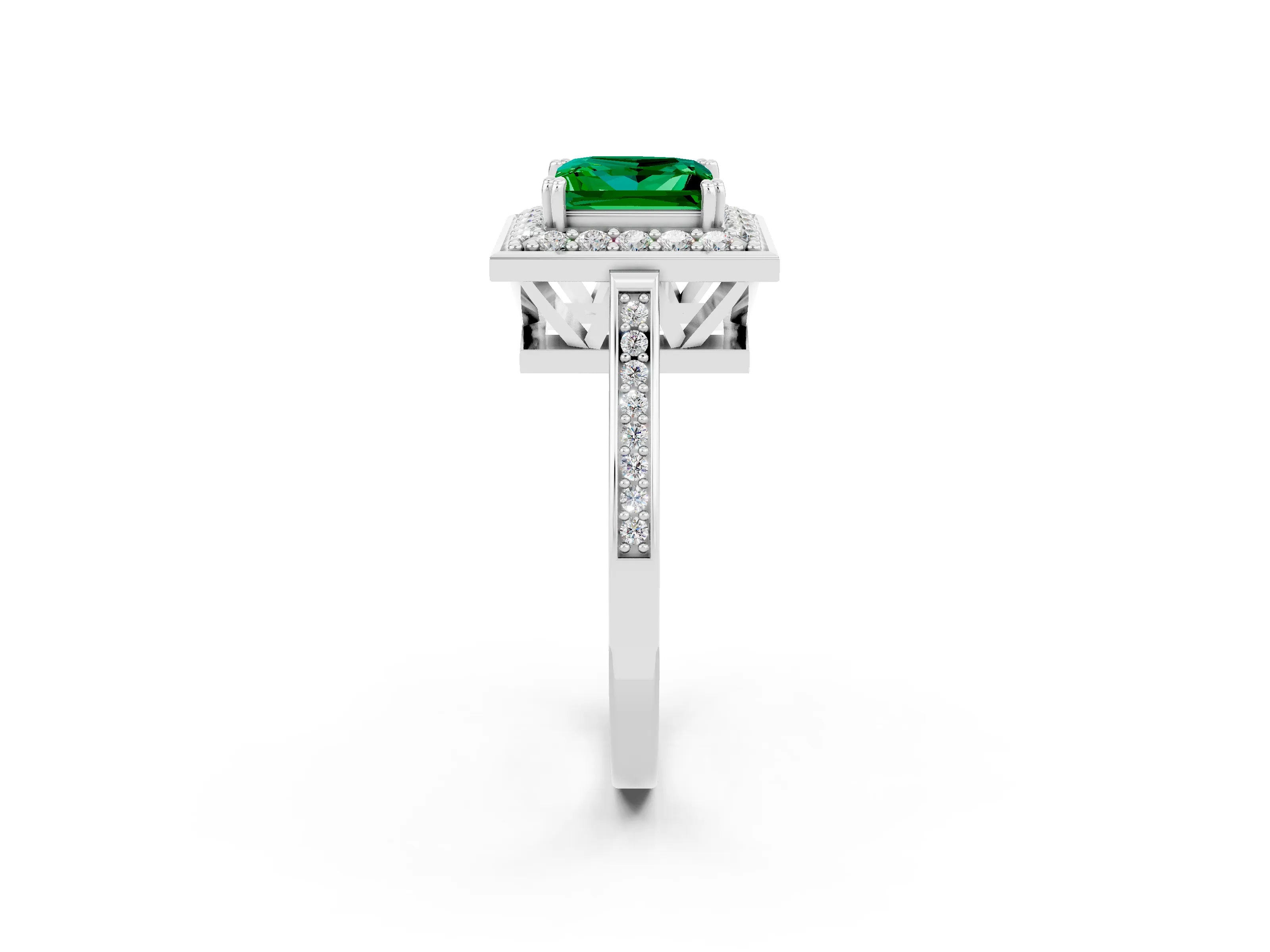 White gold Princess Cut Emerald Halo Ring with Split Shank and Four-Prong Setting_26