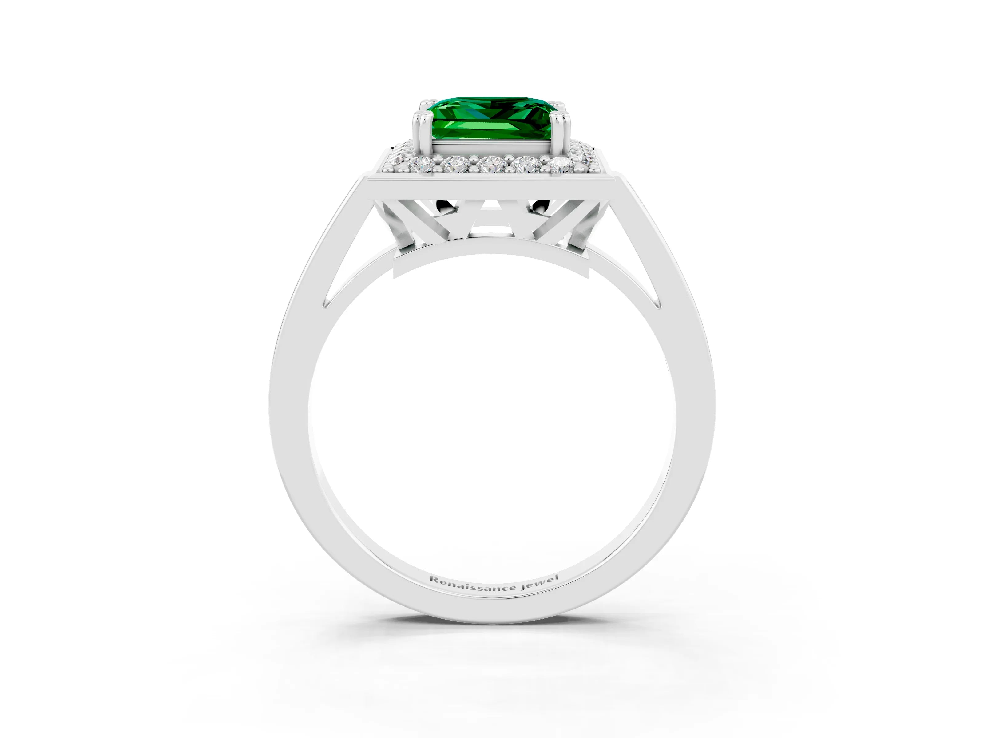 White gold Princess Cut Emerald Halo Ring with Split Shank and Four-Prong Setting_27