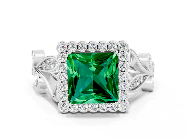 Silver Princess Cut Emerald Halo Ring with Vintage Split Shank and Four-Prong Setting