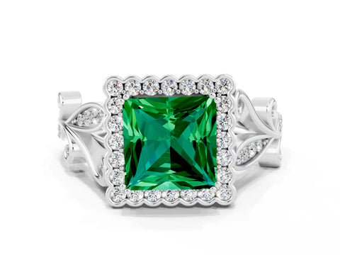 White gold Princess Cut Emerald Halo Ring with Vintage Split Shank and Four-Prong Setting_24